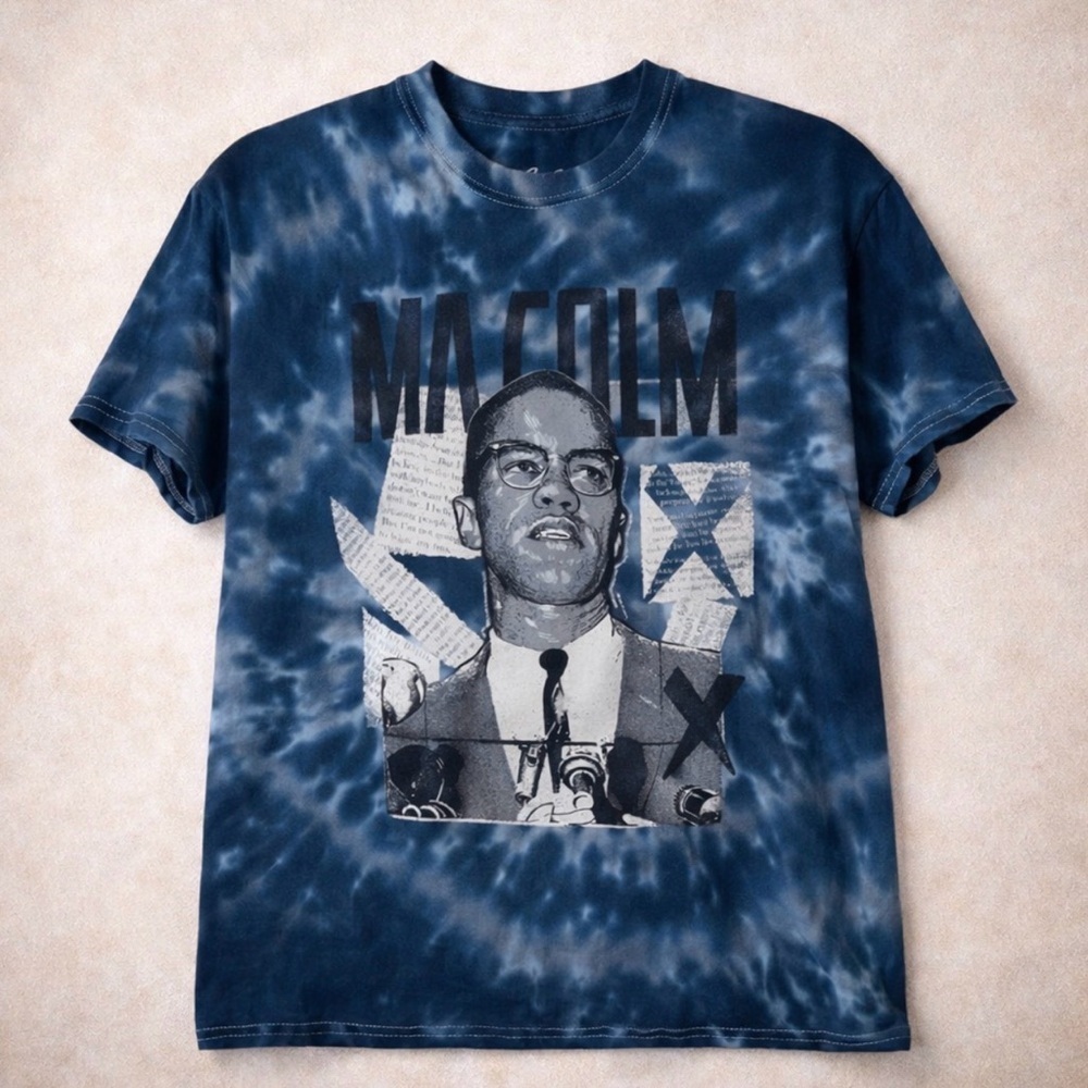 Vintage 90s Malcom X By Any Means Necessary Dont Sell Out T-Shirt Blue Tie Dye M